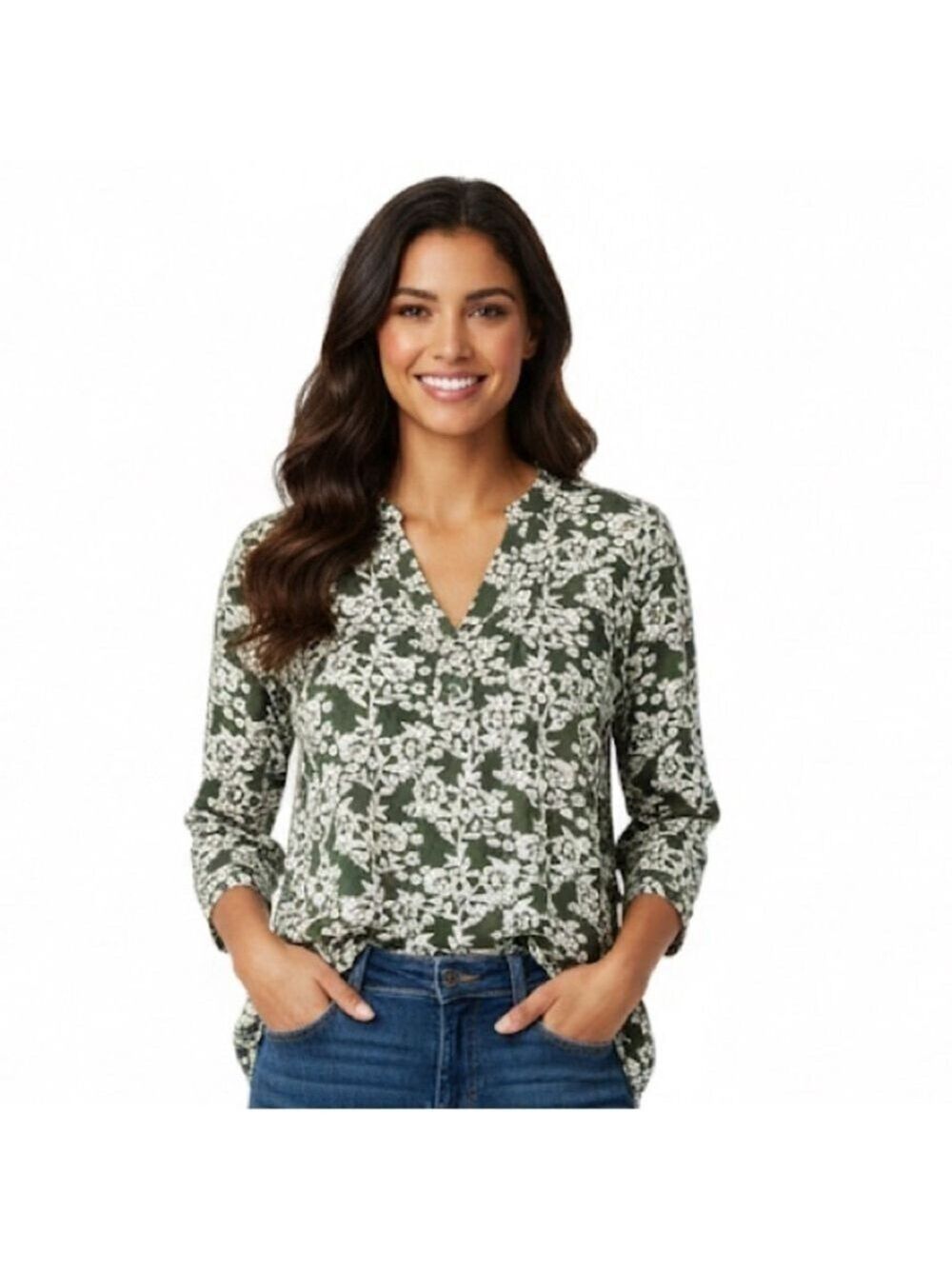 Fun2Fun Green Floral V-Neck Top Boho Flowy Rayon 3/4 Sleeve Small - Picture 10 of 10
